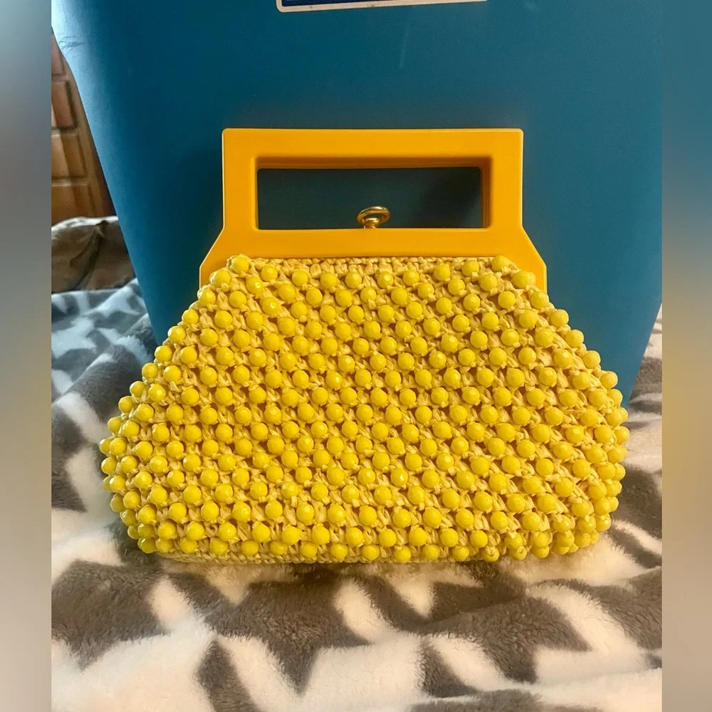 Vintage 60’s BAKELITE MOD YELLOW  Beaded Italian HANDBAG - Picture 2 of 9
